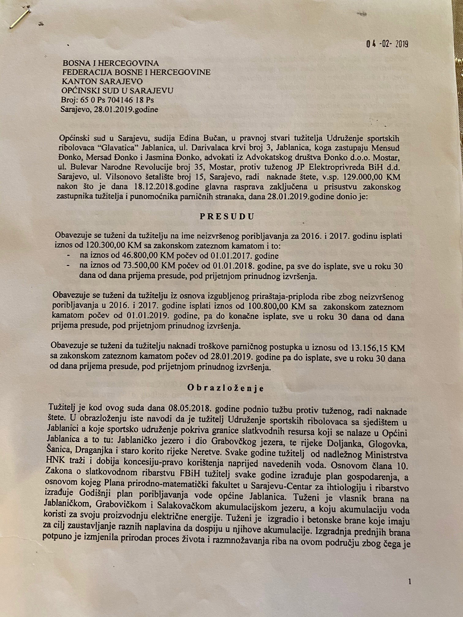 Udruženja USR Glavatica Jablanica tužilo Elektroprivredu BiH i dobilo presudu, no nije naplatilo utuženi iznos