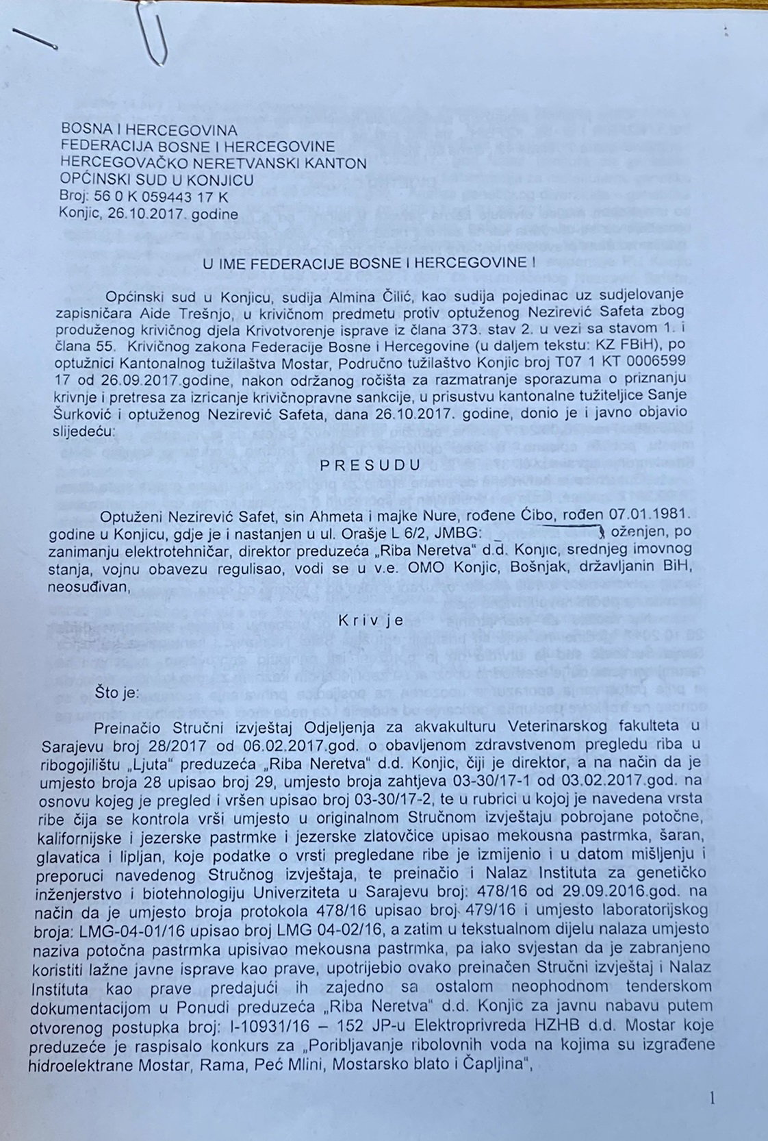 Prvostepena presuda protiv Safeta Nezirevića iz 2017. godine