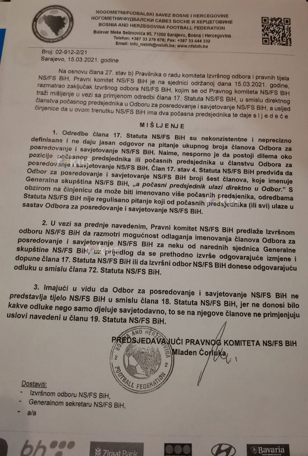 Faksimil odluke Pravnog komiteta NSBiH (FOTO: Fokus.ba)