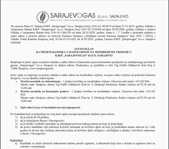 oglas za sarajevogas