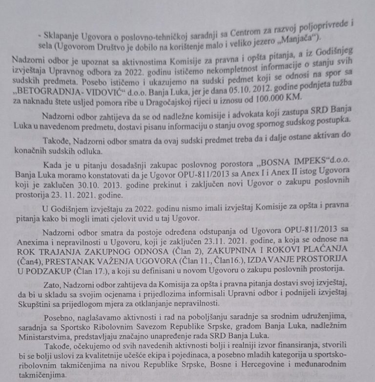 dio izvjestaja nadzornog odbora Sportsko ribolovno društvo banjaluka