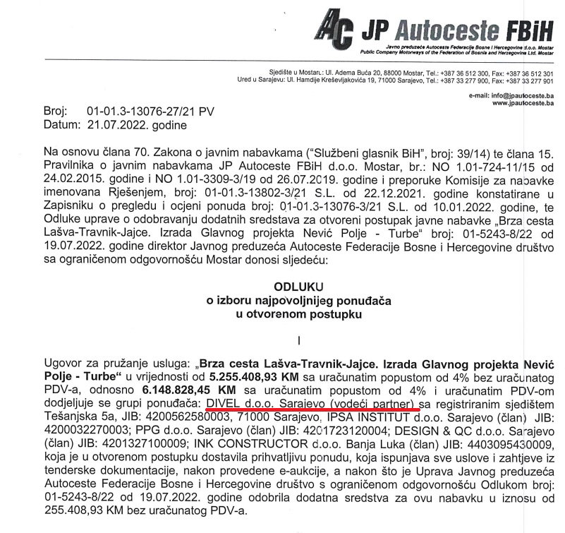 jedan od ugovora Autoceste FBIH Divel