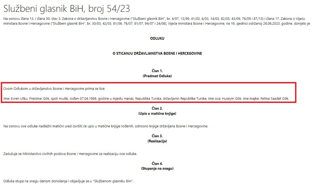 odluka VM o drzavljstvu Evren Utku Gok
