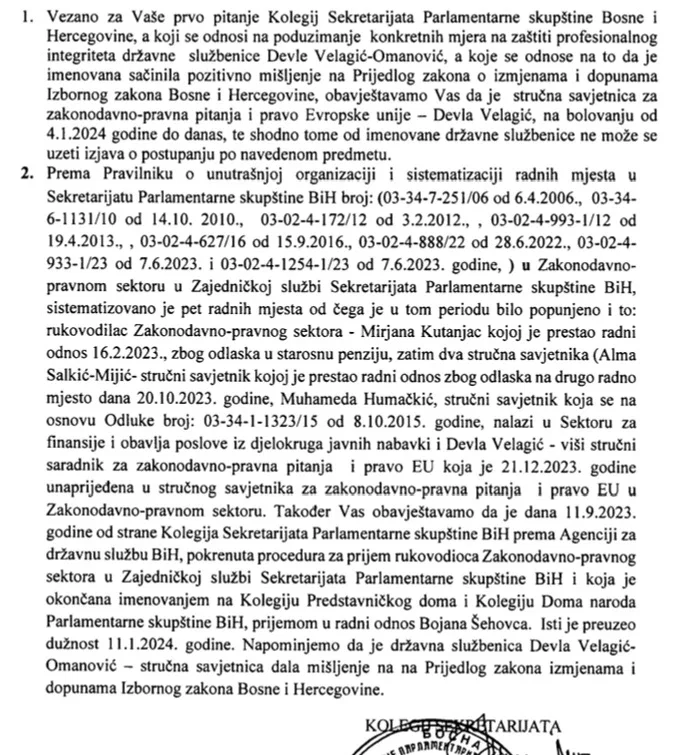 faksimil odgovora Sekretarijata PSBiH