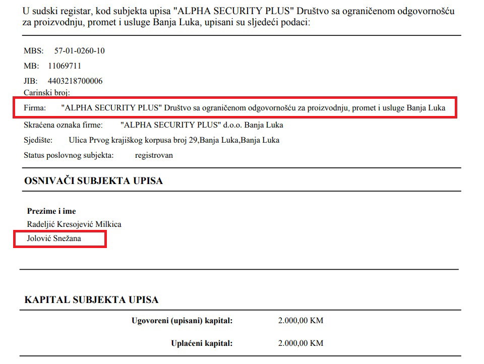 iz registra Snezana Jolovic suvlasnica Alpha Security