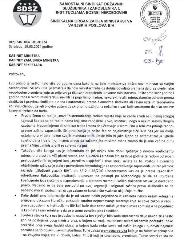 pismo sindikata konakovicu