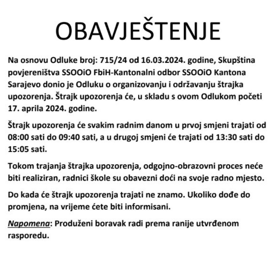 obavijest o štrajku