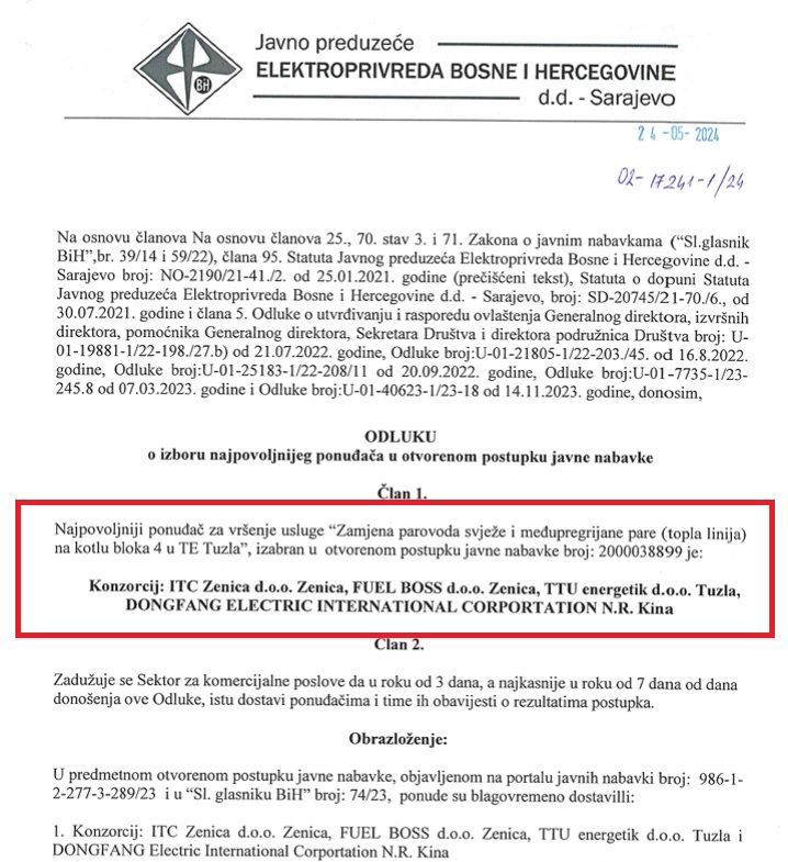 Faksimil odluke EP za blok 4 posao opet Dongfangu i ITCu