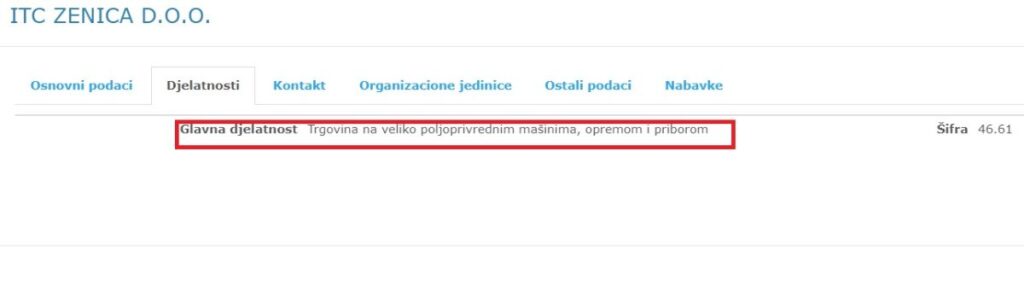 Opis djelatnosti ITC Zenica na portalu javnih nabavki
