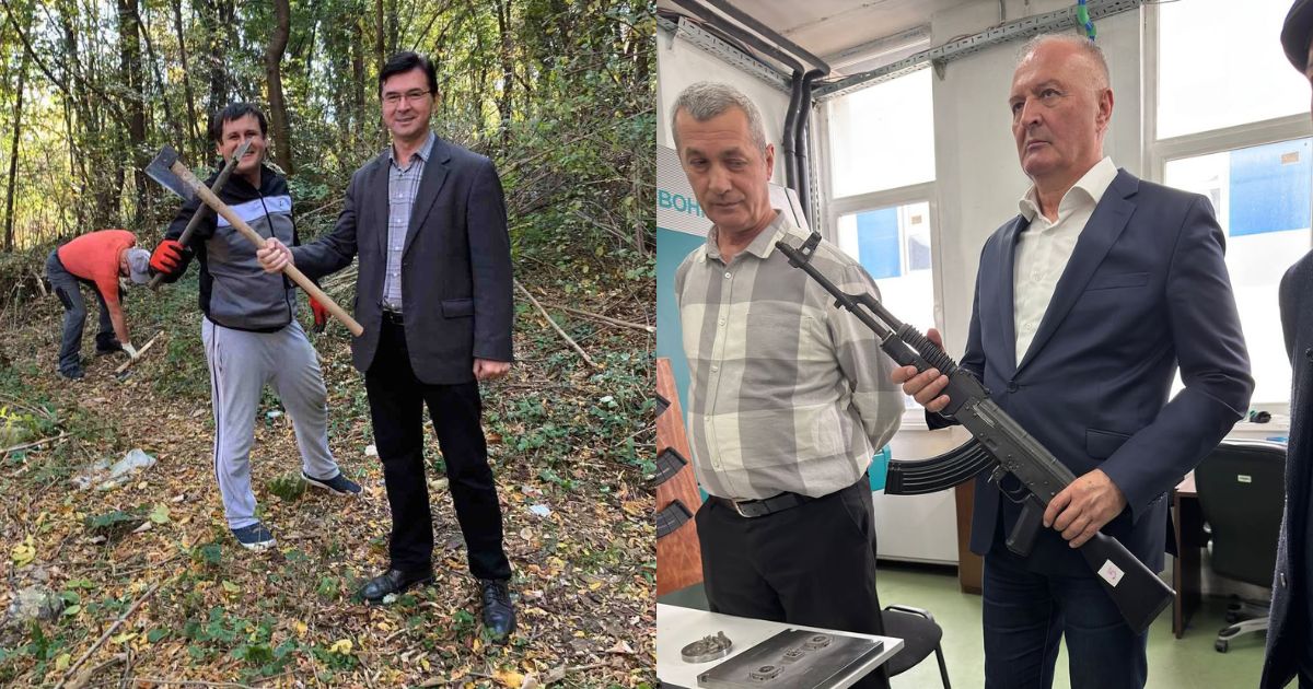 mirnes ajanovic sa sjekirom u ruci i zukan helez s puškom u ruci