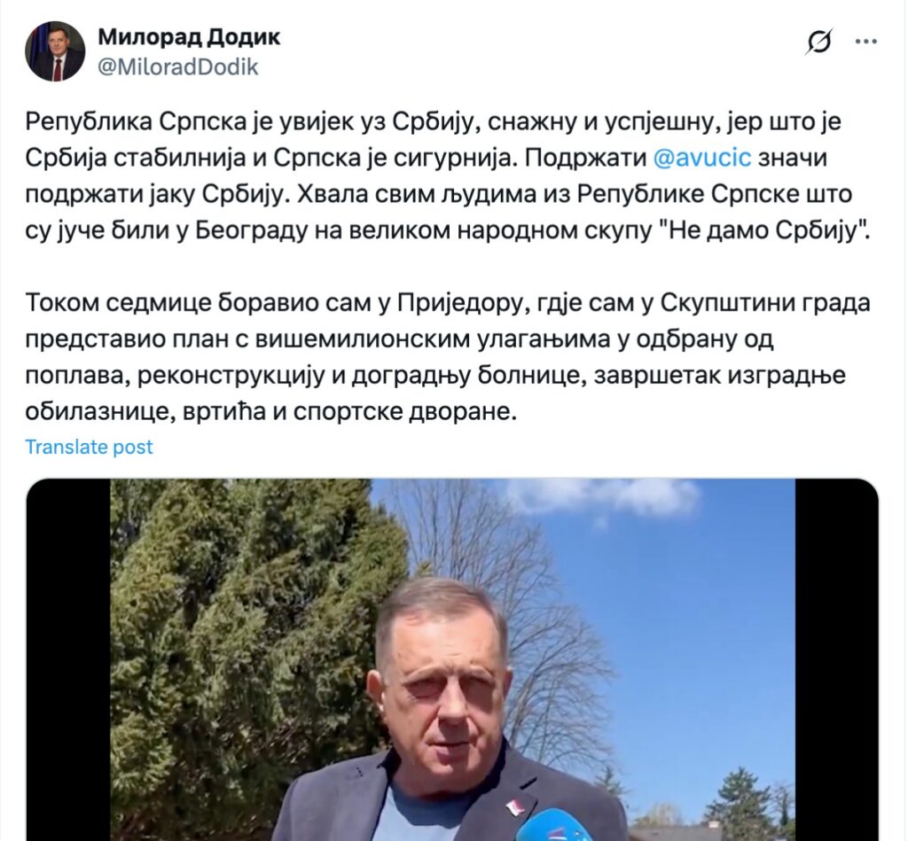 DODIK OBJAVA NA TWITTERU