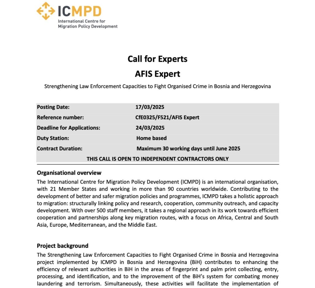 Facsimile of the public call by ICMPD for the AFIS system