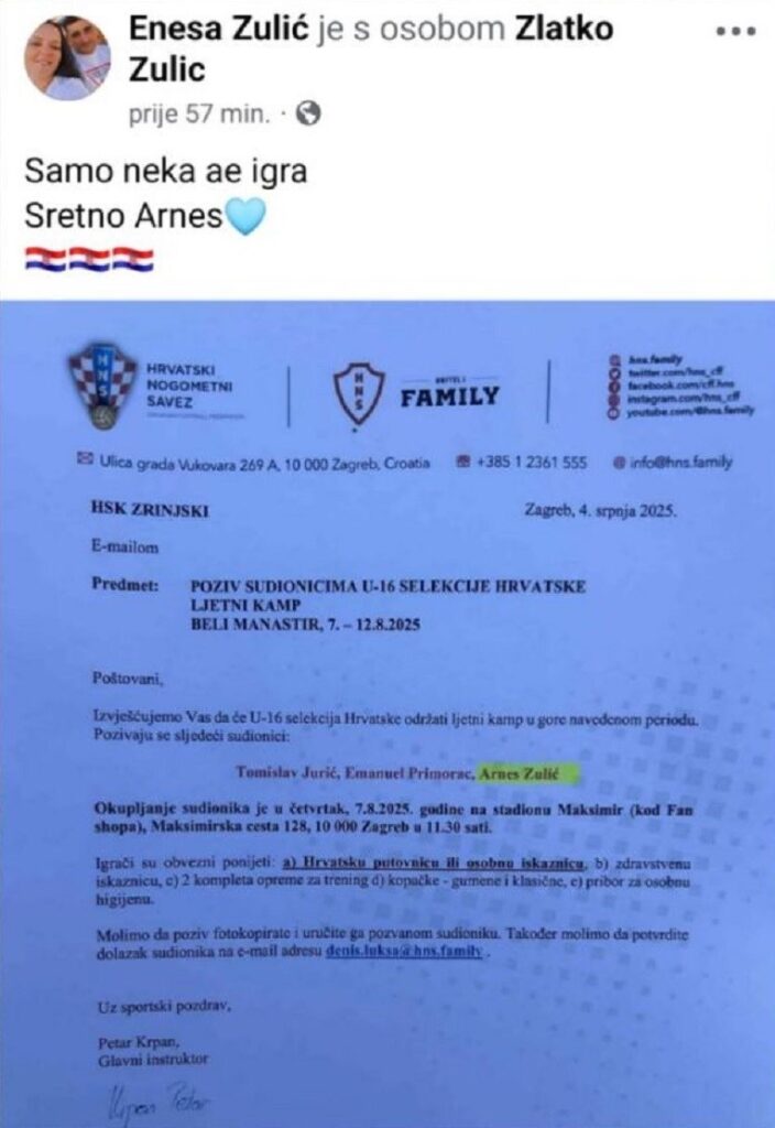 majka arnesa zulića objavila pozivnicu iz hrvatske