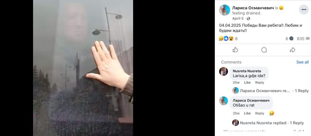 Larisa ispraća Hadžu Osmančevića na front. Foto: Facebook nalog Larise Osmančević
