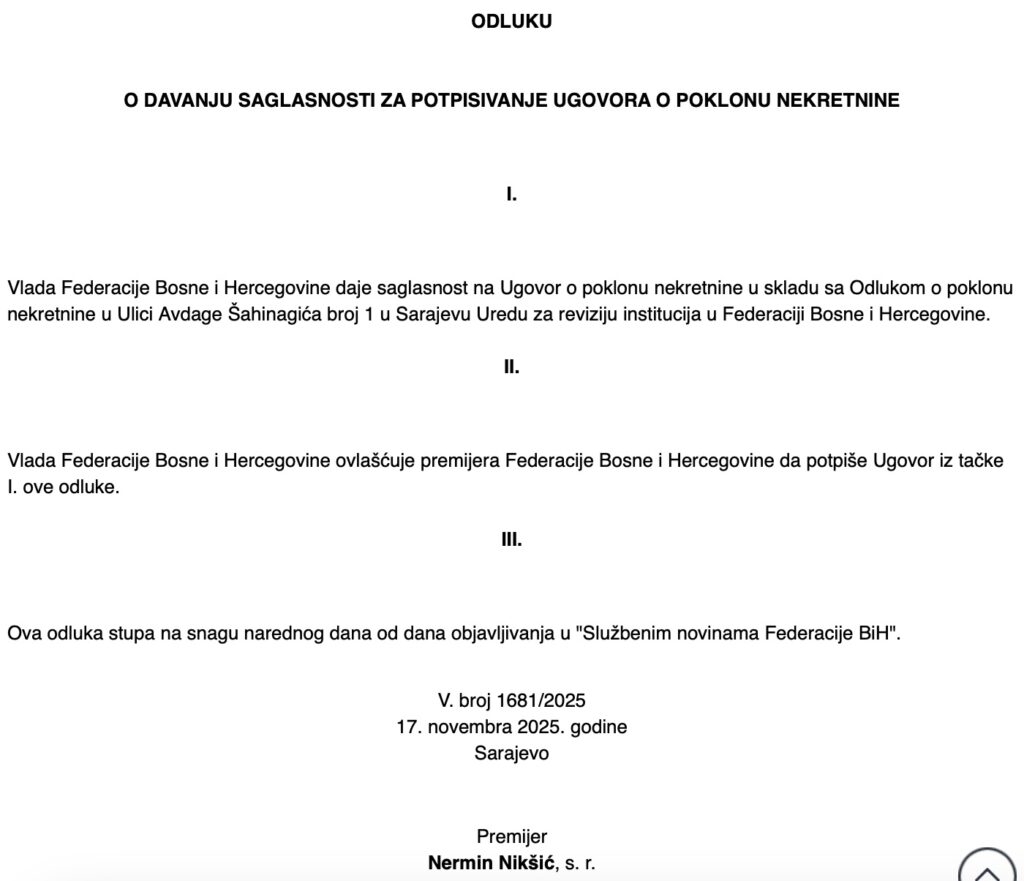 Vlada FBiH poklanja nekretninu