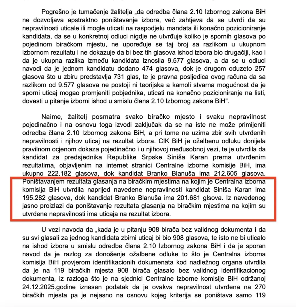 Faksimil odluke Suda BiH  o žalbi SNSD-a