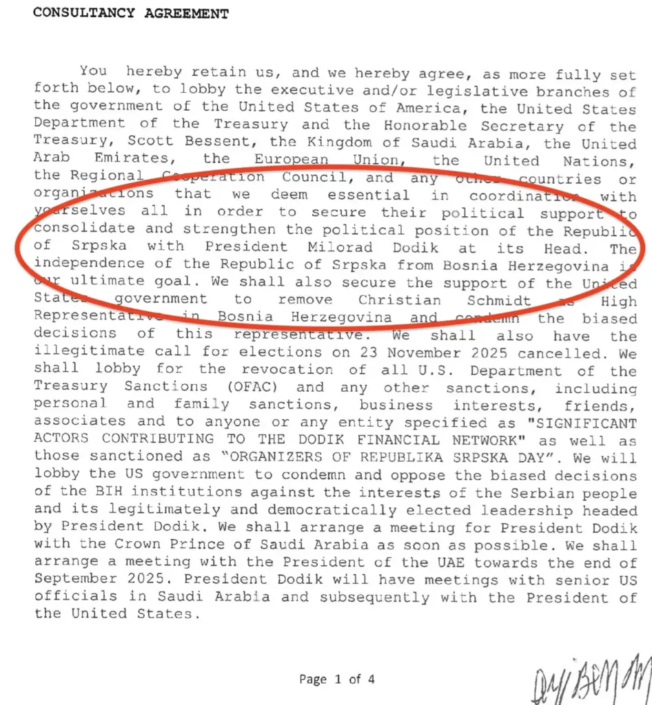 Faksimil ugovora kojeg su potpisali RS i lobistička kuća