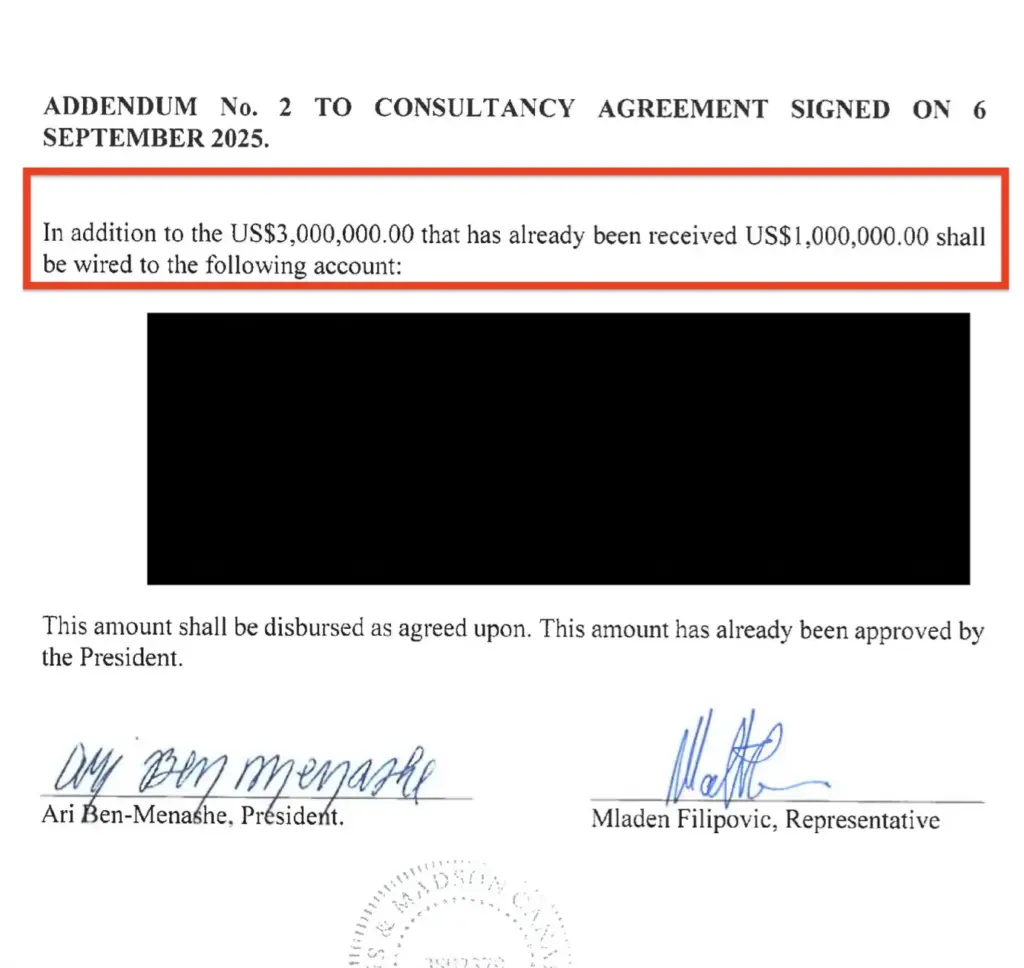 Faksimil ugovora kojeg su potpisali RS i lobistička kuća 