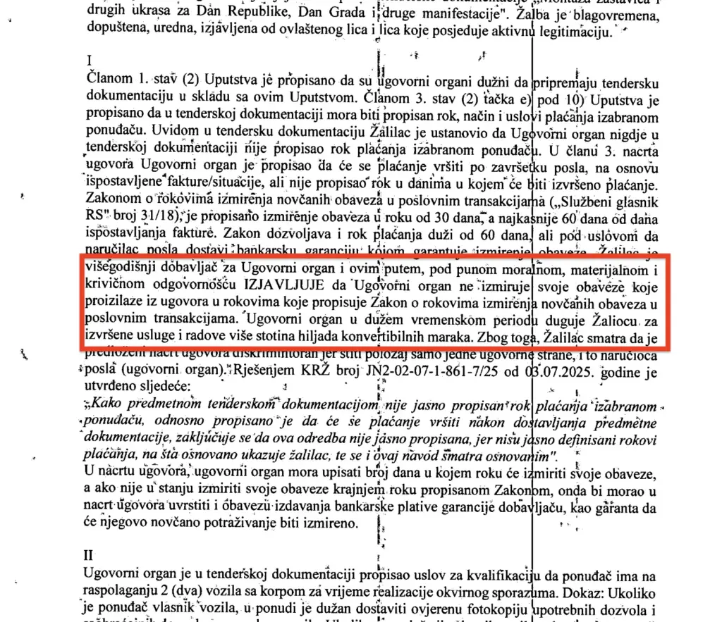 Faksmil dijela odluke  o tenderu Grada Banja Luka