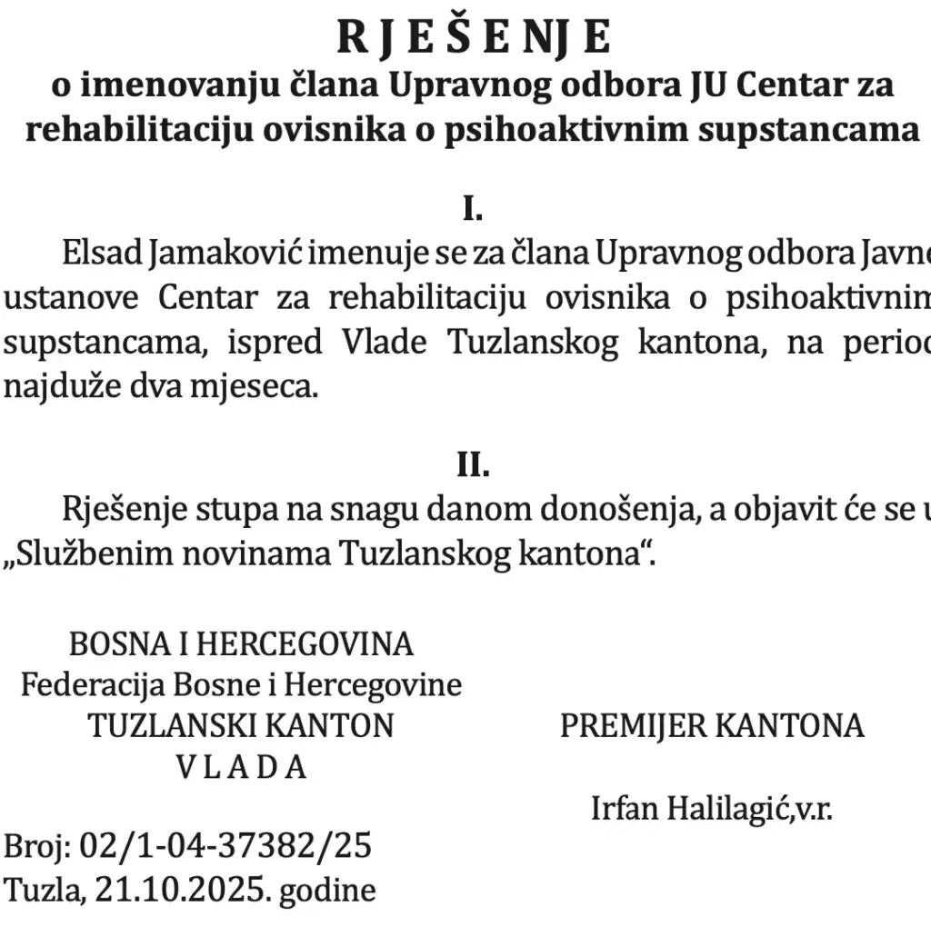 Faksimil odluke Vlade o imenovanju Elsada Jamakovća