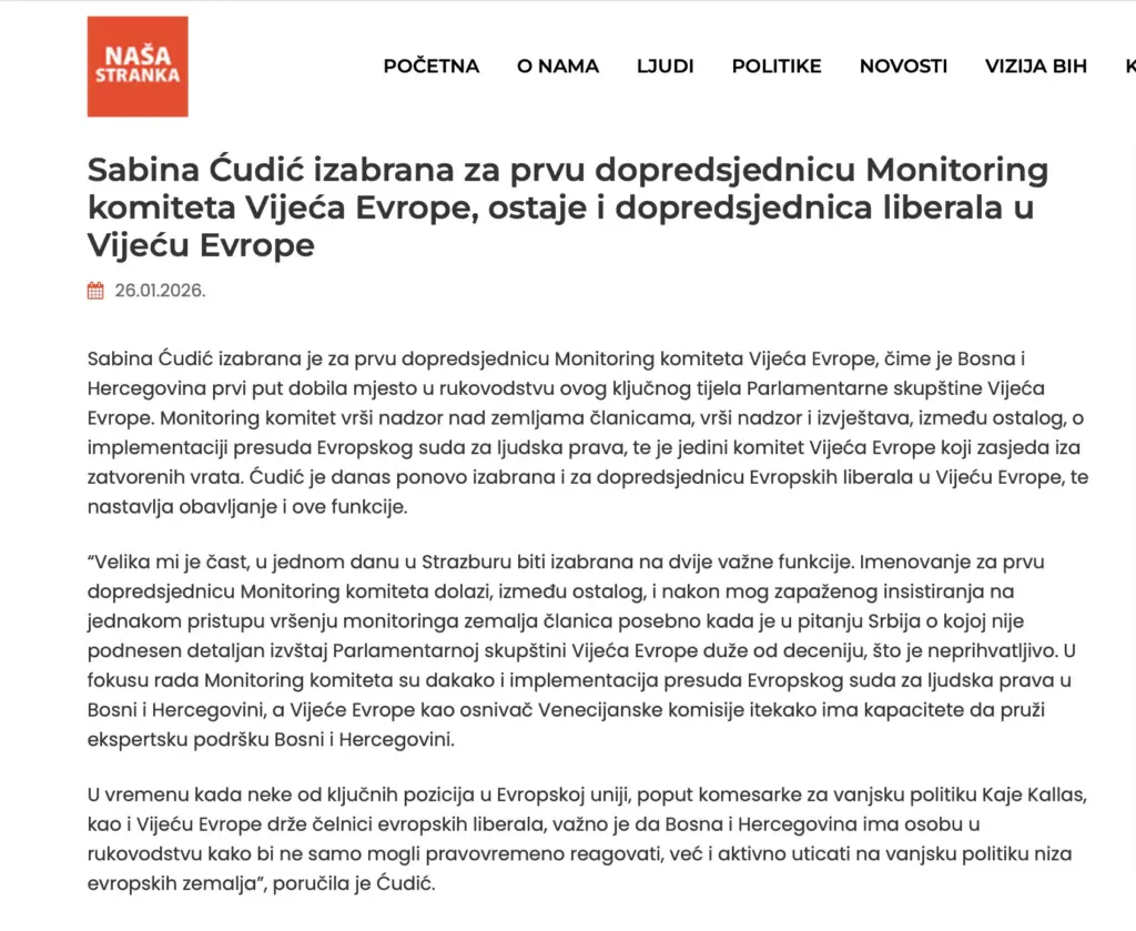 Objava na web stranici Naše stranke