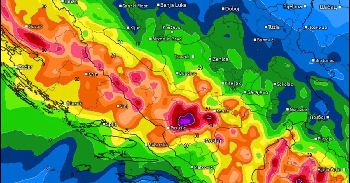 Na slici prognozirana količina padavina do petka ujutro