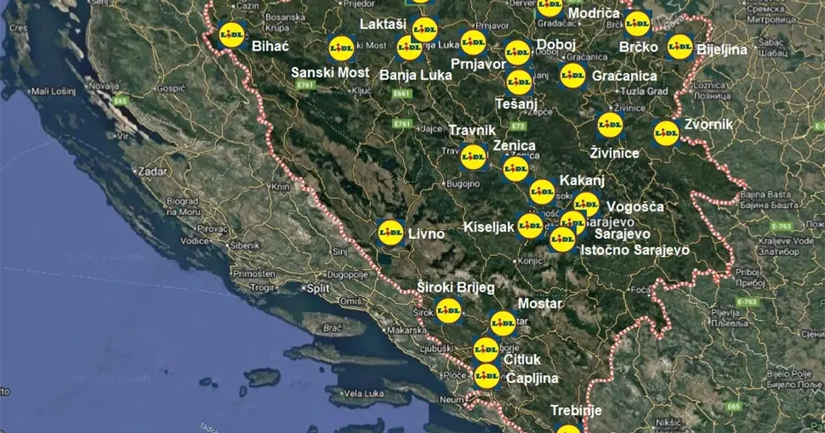 Mapa gradova u kojima se otvara Lidl u BiH