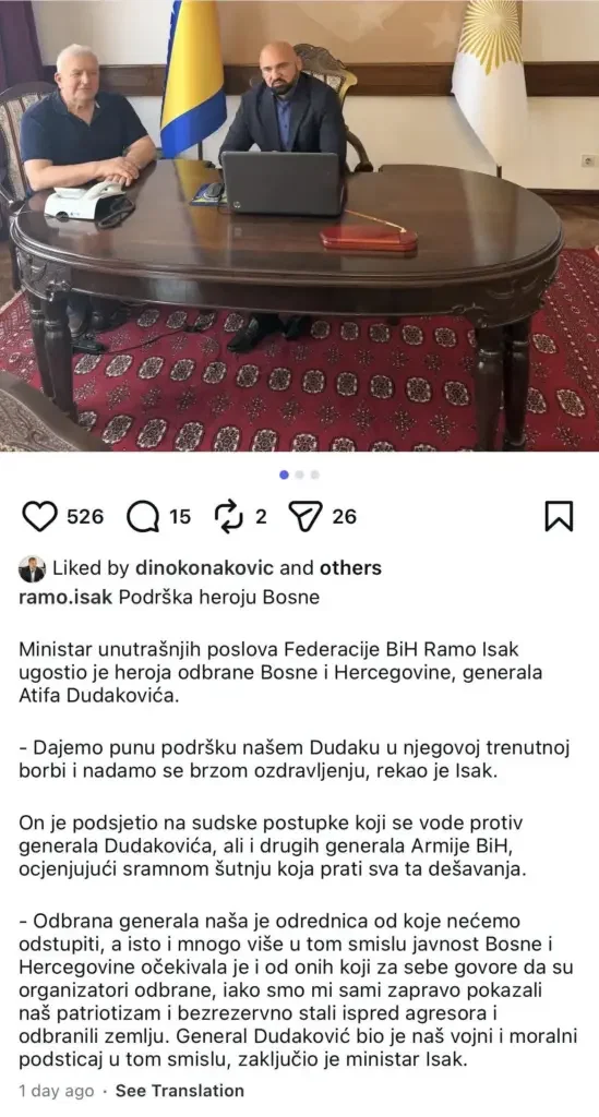 Screenshot objave Rame Isaka na Instagramu