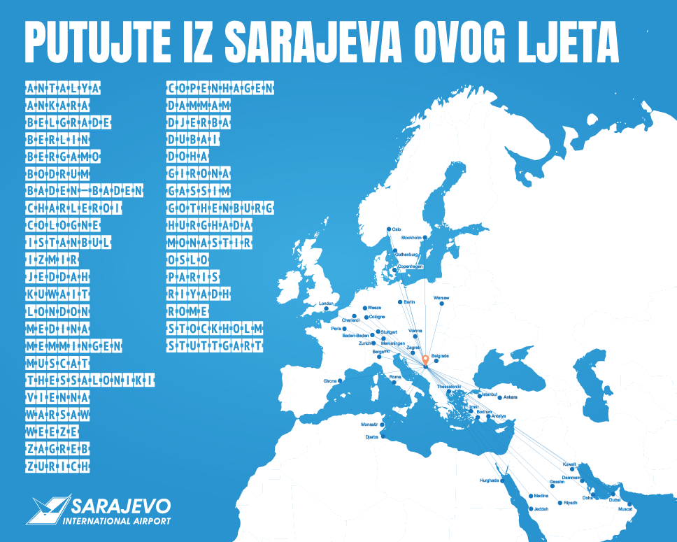  svih 39 destinacija na koje možete letjeti iz Sarajeva ovog ljeta