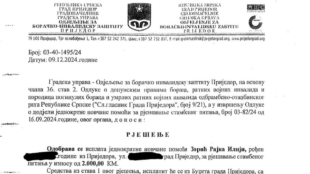 Faksimil rješenja Grada Prijedora kojim se osuđenom Zoriću odobrava pomoć iz budžeta
