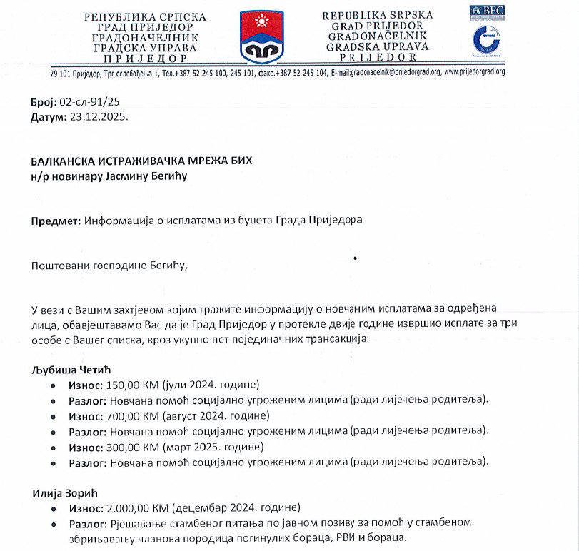 Potvrda iz Gradske uprave Prijedora o isplaćenoj pomoći dvojici osuđenih i jednom oslobođenom za ratni zločin u Zecovima
