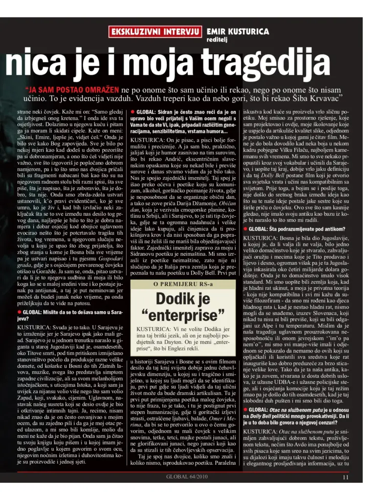 Intervju sa Emirom Kusturicom u magazinu "Global"