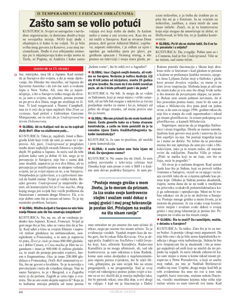 Intervju sa Emirom Kusturicom u magazinu "Global"
