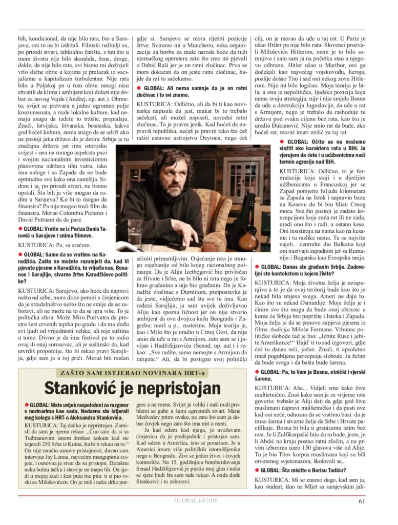 Intervju sa Emirom Kusturicom u magazinu "Global"