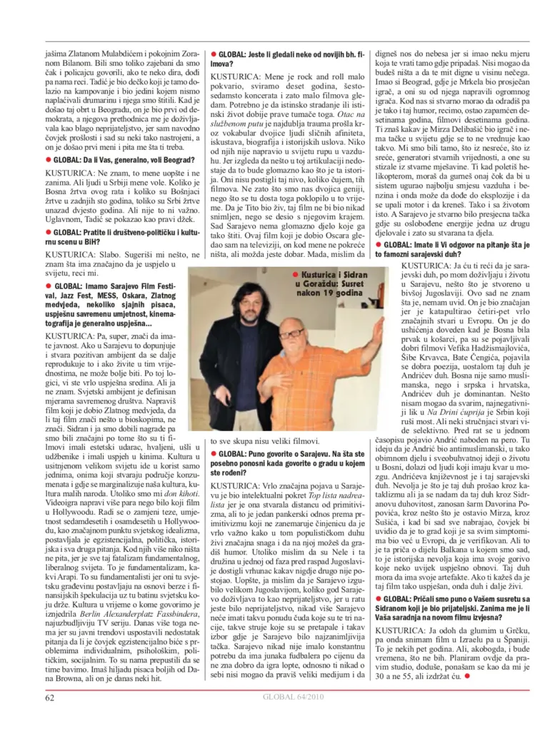 Intervju sa Emirom Kusturicom u magazinu "Global"