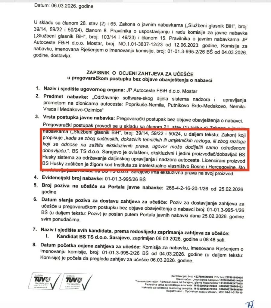 Detalj tendera o firmi BS Telecom