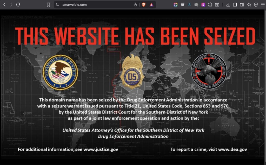 Site amarvelbio.com zaplijenila je DEA u svojoj akciji zbog prodaje opijata