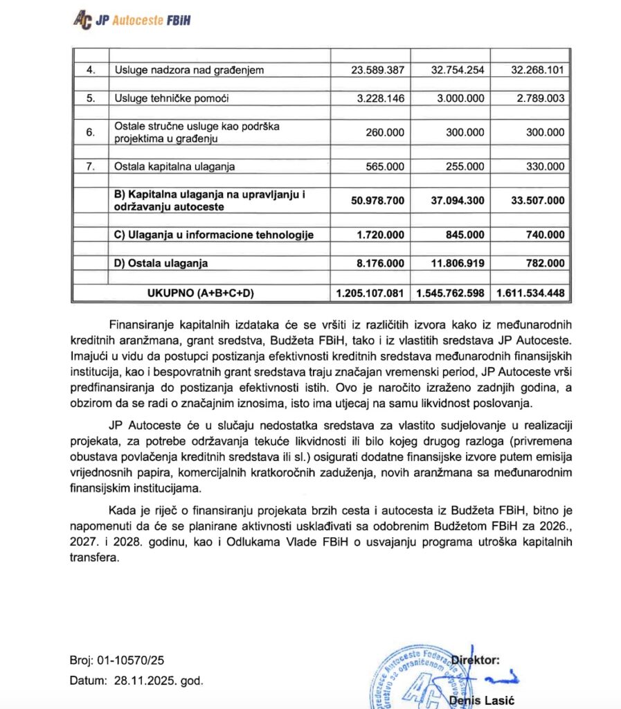 Autoceste FBiH: Plan poslovanja za period 2026-2028.