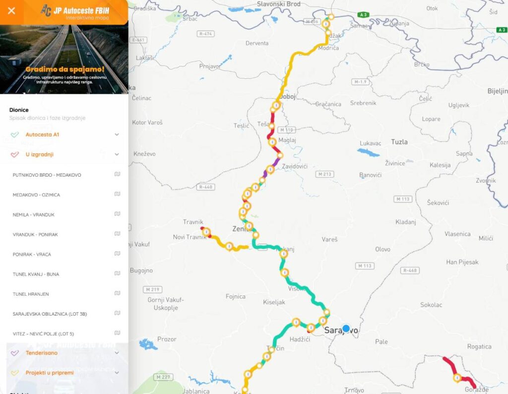 Faksimil interaktivne mape Autocesta FBiH o dionicama koje se grade