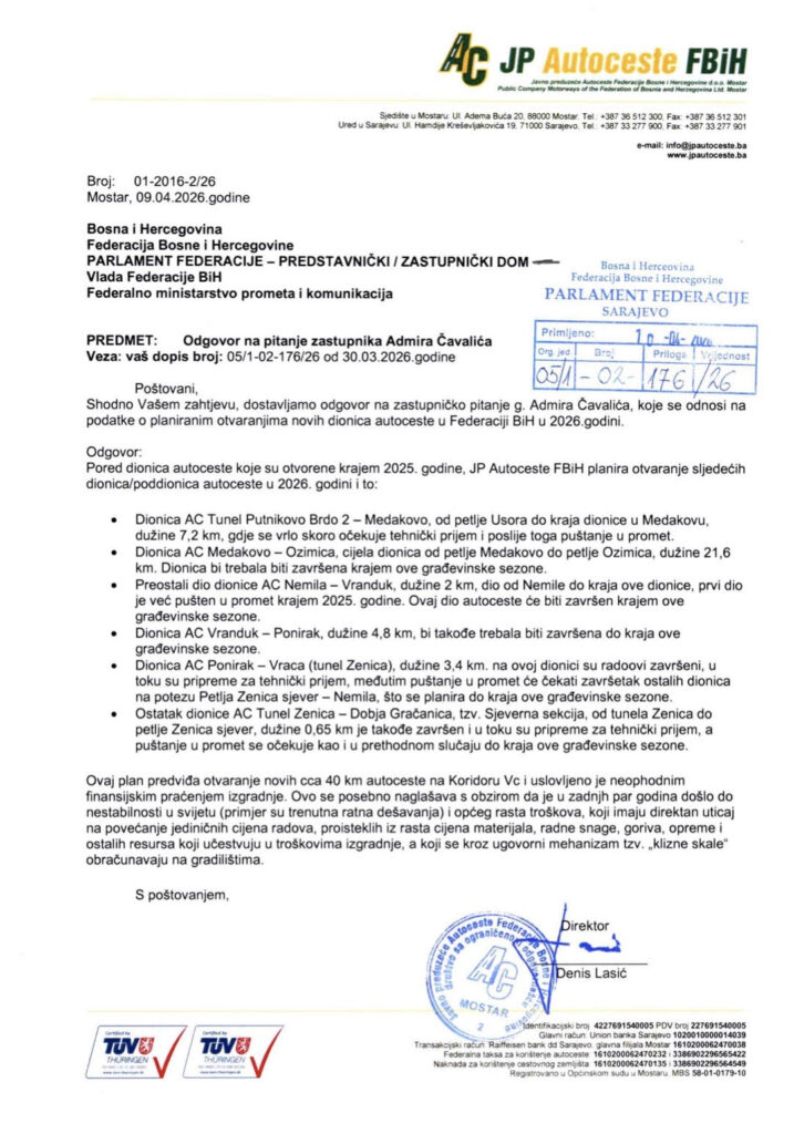 Autoceste FBiH poslale dokument Parlamentu FBiH o dionicama autoputa koje otvaraju