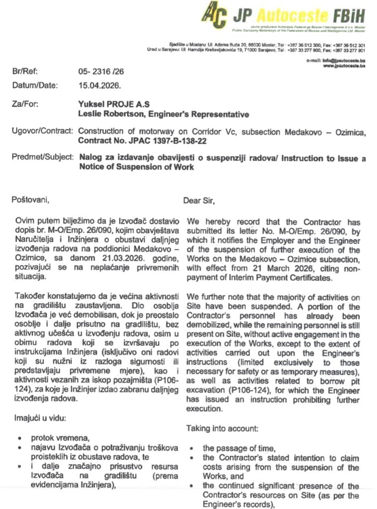 Dokument Autocesta FBiH prema firmi Yuskel Proje o obustavi radova na dionici autoputa Medakovo-Ozimice