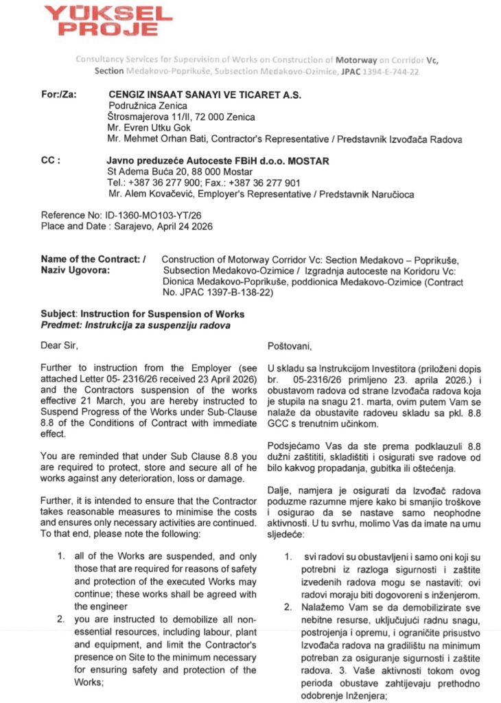 Akt firme Yuksel Proje kojim se firmi Cengiz nalaze instrukcija od JP Autoceste FBiH
