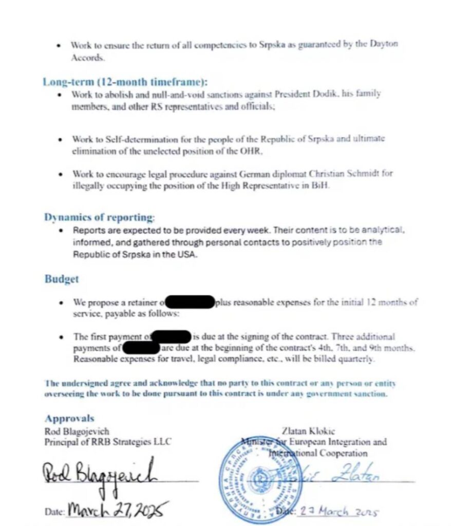 Faksimil potpisanog ugovora između Vlade RS i RRB Strategies