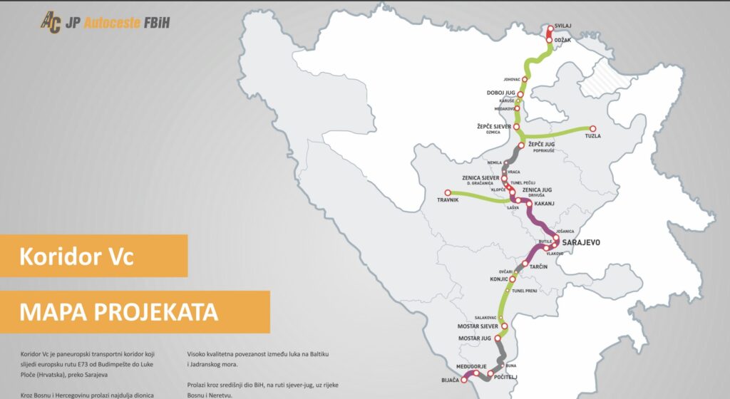 Mapa projekata JP Autoceste FBiH na Koridoru 5C