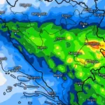 Na slici prognozirana količina padavina od petka poslijepodne do subote poslijepodne