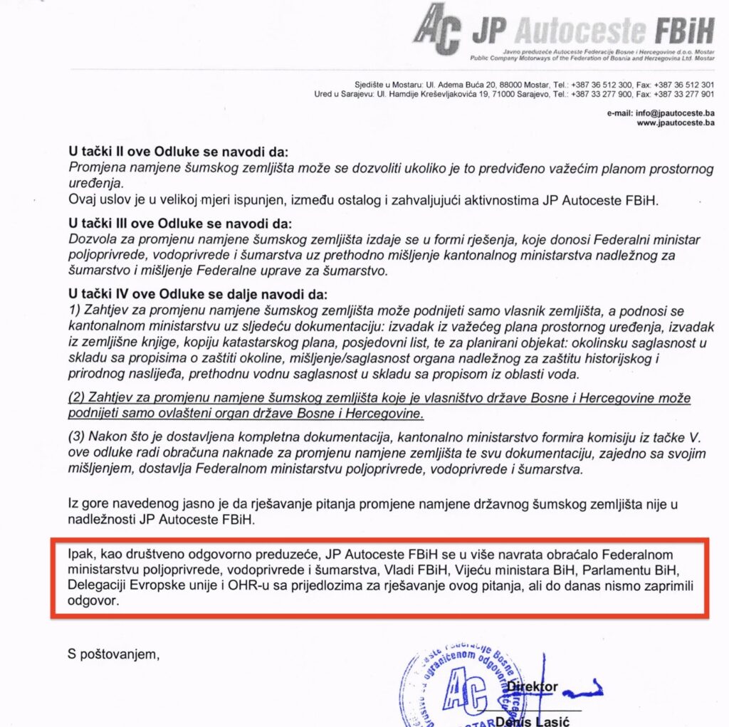 Faksimil akta JP Autoceste FBiH o problemima za projekat brze ceste Bihać - granica EU