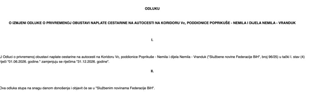  Faksimil odluke Vlade FBiH o obustavi naplate cestarina