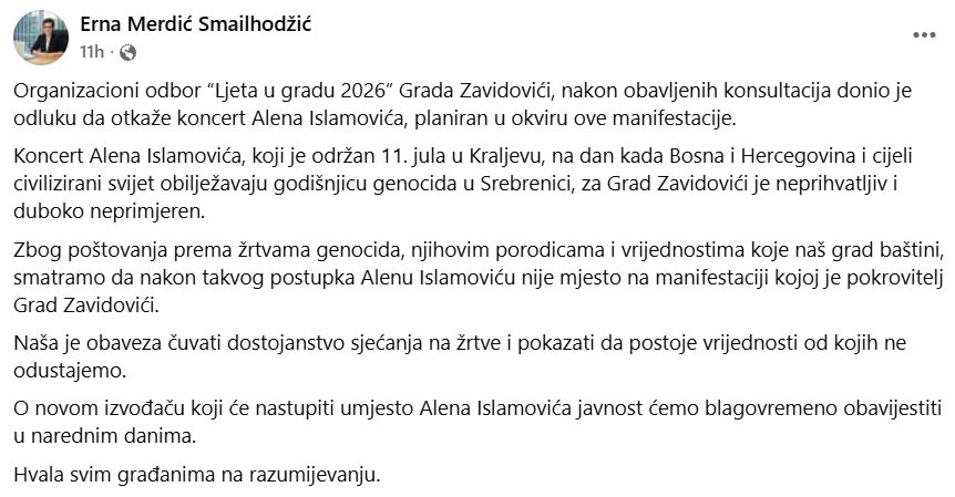 Objava gradonačelnice Zavidovića
