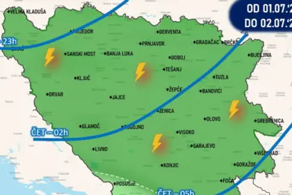 Na slici plavim linijama označen očekivani dolazak hladne fronte