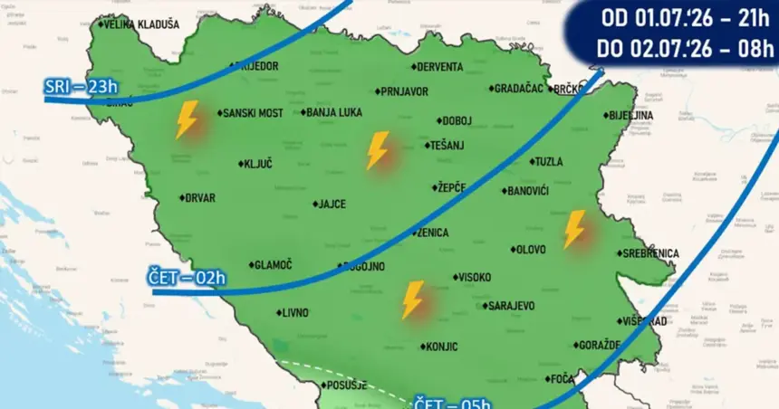 Na slici plavim linijama označen očekivani dolazak hladne fronte